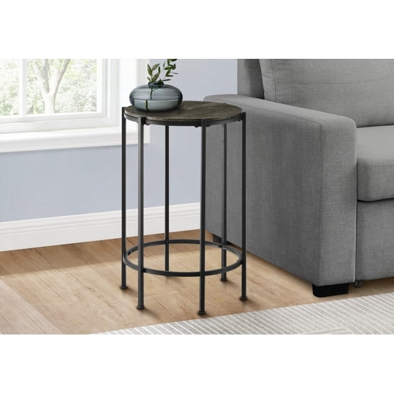 Accent Table in Round Shape with Dark Bronze Laminate Top and Black Metal Legs, 24h, for Living Room & Bedroom