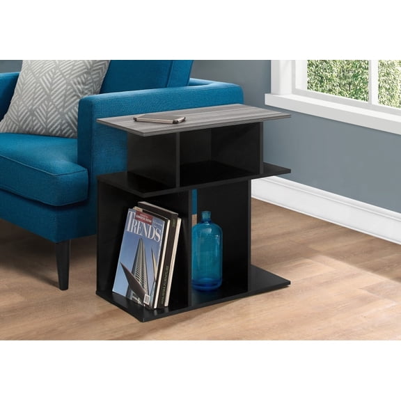 Accent Table with 6 Open Concept Display Shelves for Books & Decor, Black & Grey Laminate, Contemporary Modern