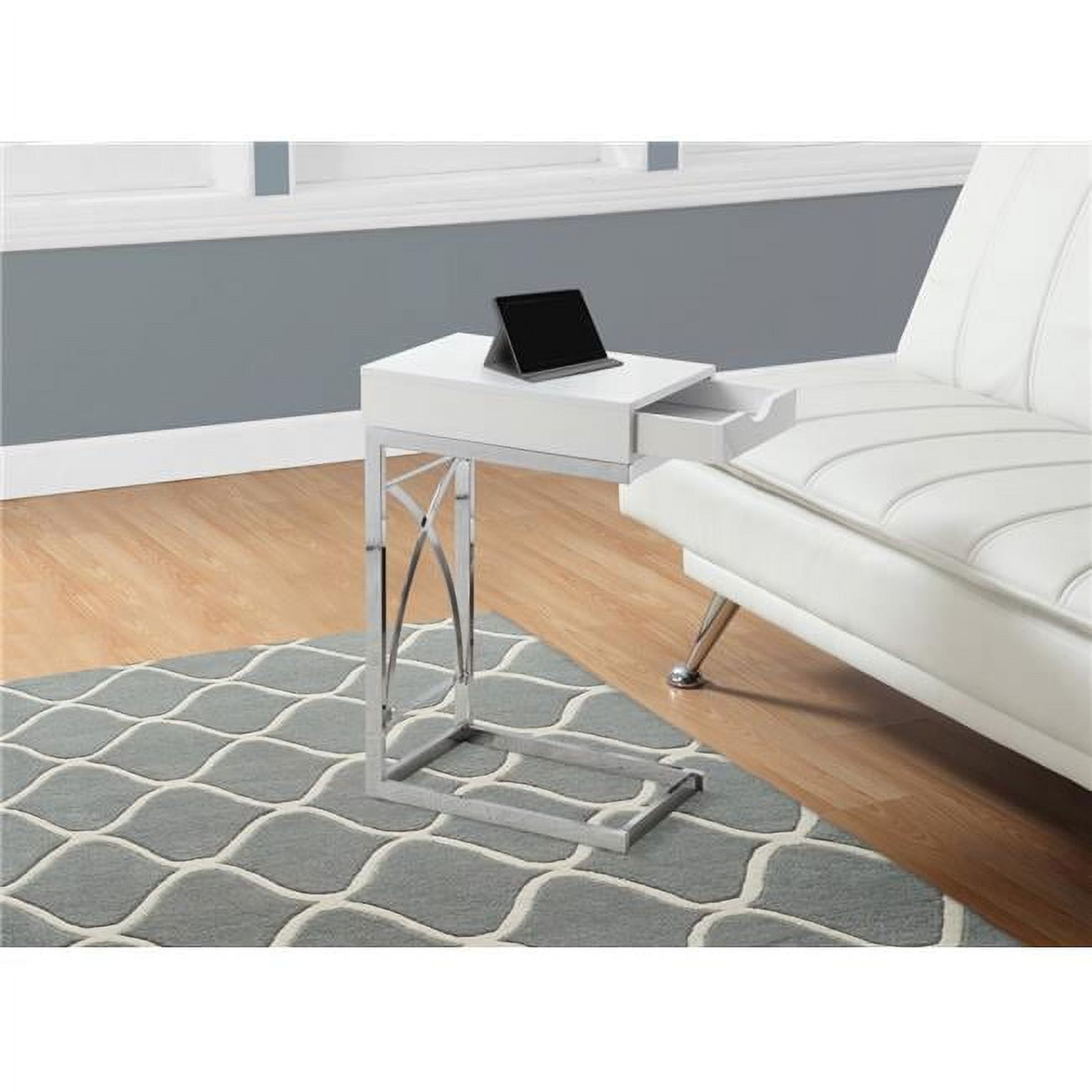 Glossy White Contemporary C-Shaped Snack Side Table with Storage