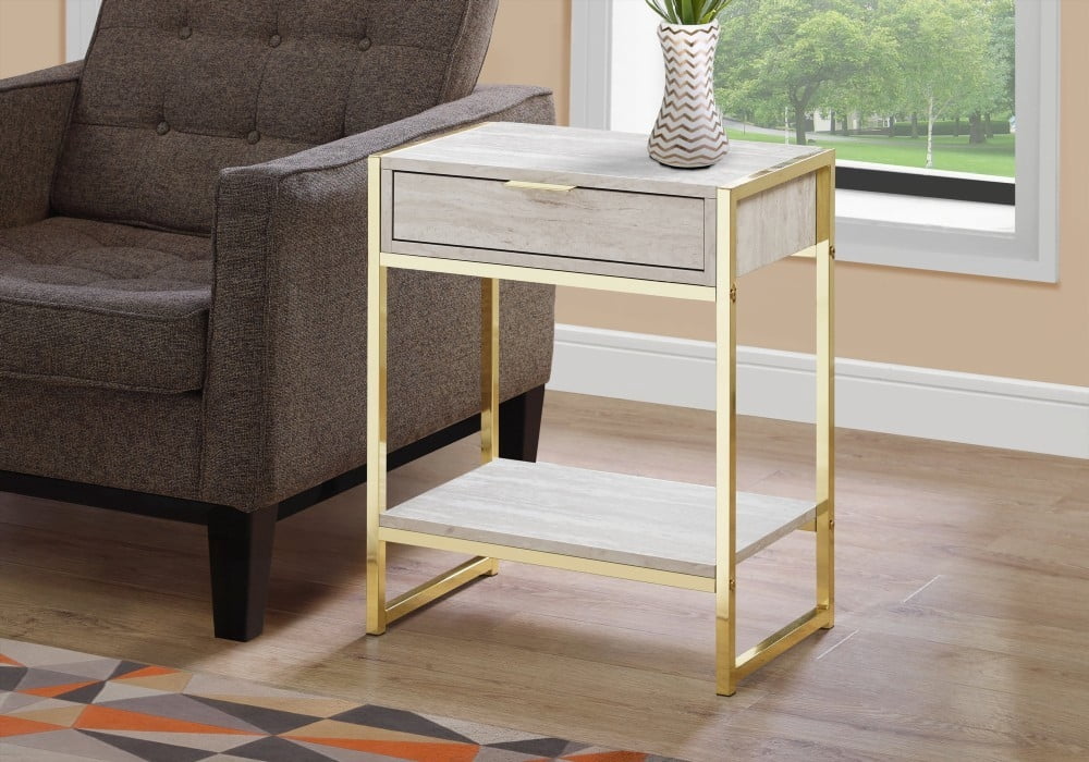 Drawer Mable Table Accent Table with Beige Marble Look & Gold Metal | Storage Drawer ...