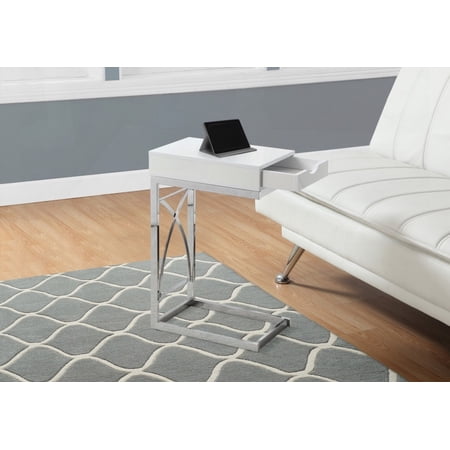 Accent Table with C-shape, End/Side/Snack Use, Storage Drawer, Living/Bedroom Decor, Glossy White & Chrome