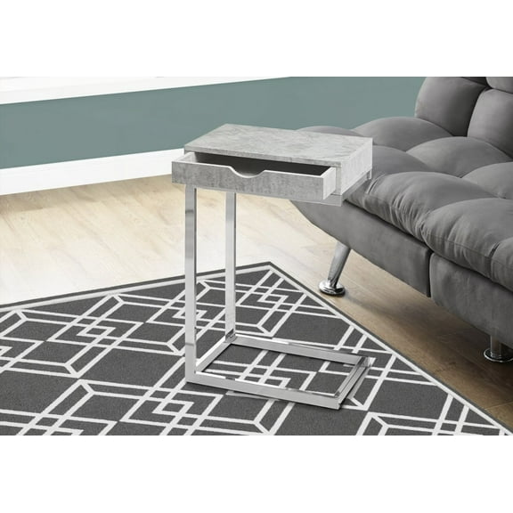 Accent Table with C-shape, End & Side Use, Snack & Storage Drawer, Grey Laminate & Chrome Metal, Contemporary Modern