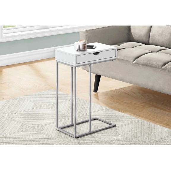 Accent Table with C-shape, Storage Drawer, Modern Design, White & Grey, Living & Bedroom