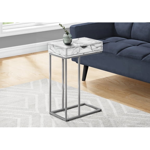 Accent Table with C-shape & Storage, Fits Under Sofas/Chairs, White Marble Laminate, Grey Metal, Contemporary Style