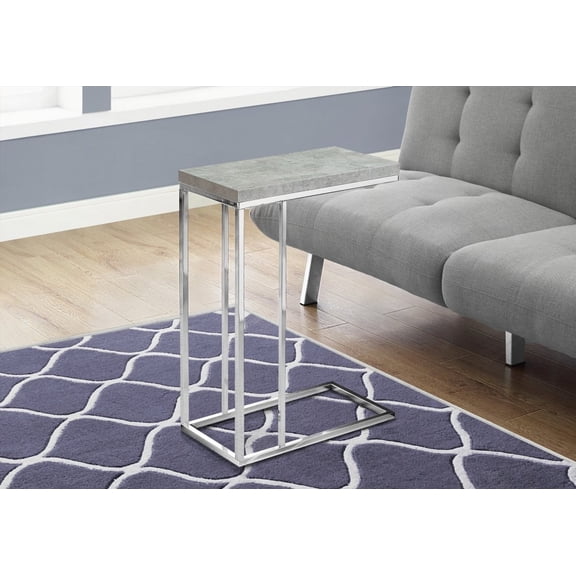 Accent Table with C-shape for Living Room, Bedroom, Grey Laminate & Chrome Metal - Modern Contemporary Design