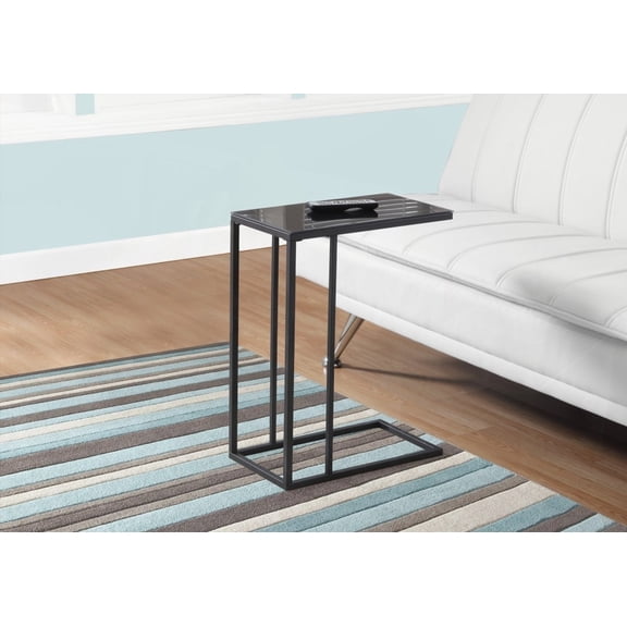Accent Table with C-shaped Design, Ideal for Living Room and Bedroom, Features Black Tempered Glass and Metal Base