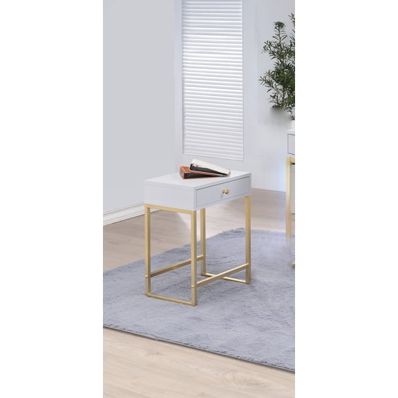 Accent Table with Drawer, White Brass Finish End Table, Small Side Table with Storage for Living Room Bedroom