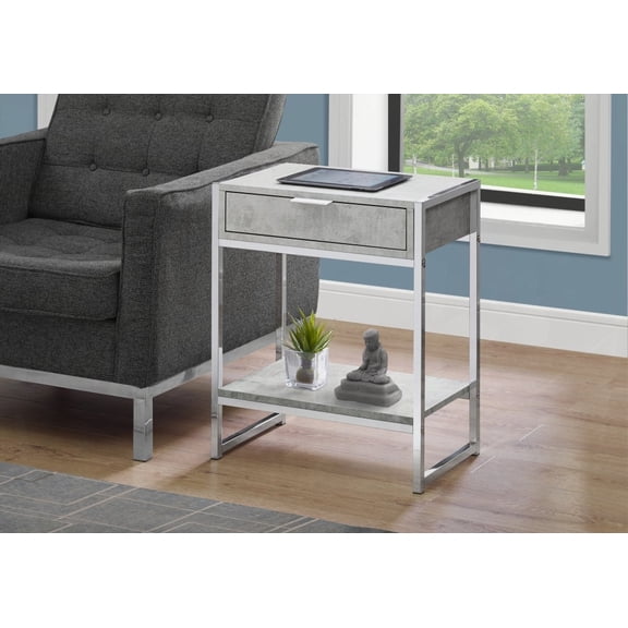 Accent Table with Spacious Grey Laminate Top and Chrome Metal Base, Storage Drawer for Living Room and Bedroom