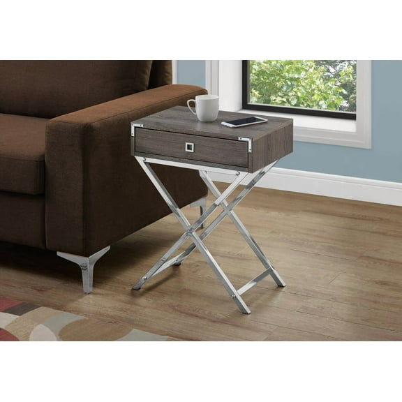 Accent Table with Spacious Rectangular Dark Taupe Top, One Large Drawer on Metal Glides & Chrome Metal Legs for Living Room & Bedroom