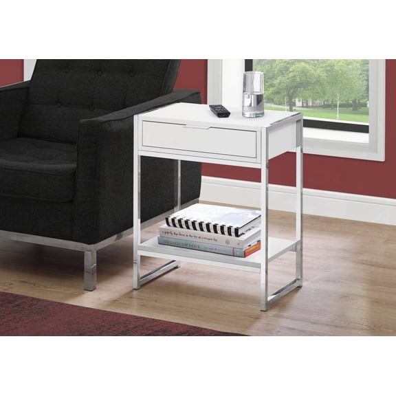 Accent Table with Spacious Rectangular Top, Chrome Metal Base, Storage Drawer & Open Shelf in Glossy White