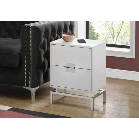 Accent Table with Spacious Rectangular Top and 2 Storage Drawers in Glossy White Laminate