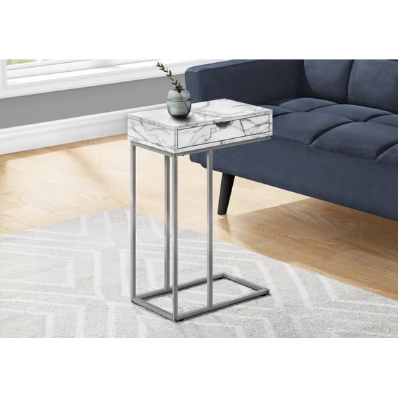 Accent Table with Storage Drawer | C-shaped for Living/Bedroom | White Marble Look | Grey Metal