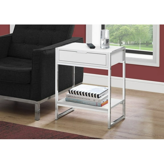 Accent Table with Storage, Glossy White, Chrome - Modern Living Room