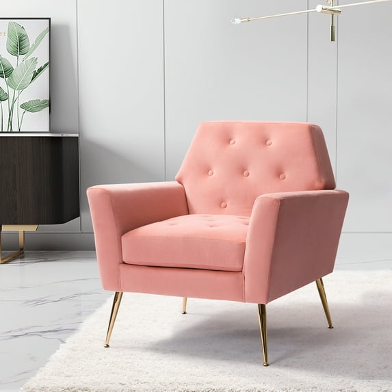 Accent Velvet Armchair, Modern Upholstered Leisure Chair Club Chair with Button Tufted Backrest and Square Armrest, Lazy Chair Single Chair for Living Room, Pub, Office, Pink