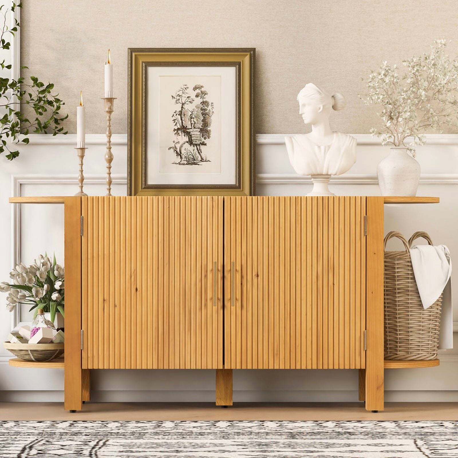 Accent Wavy Texture Buffet Table with Curved Extension Shelf, Mid-Century Modern Sideboard Storage Cabinet with Adjustable Shelf