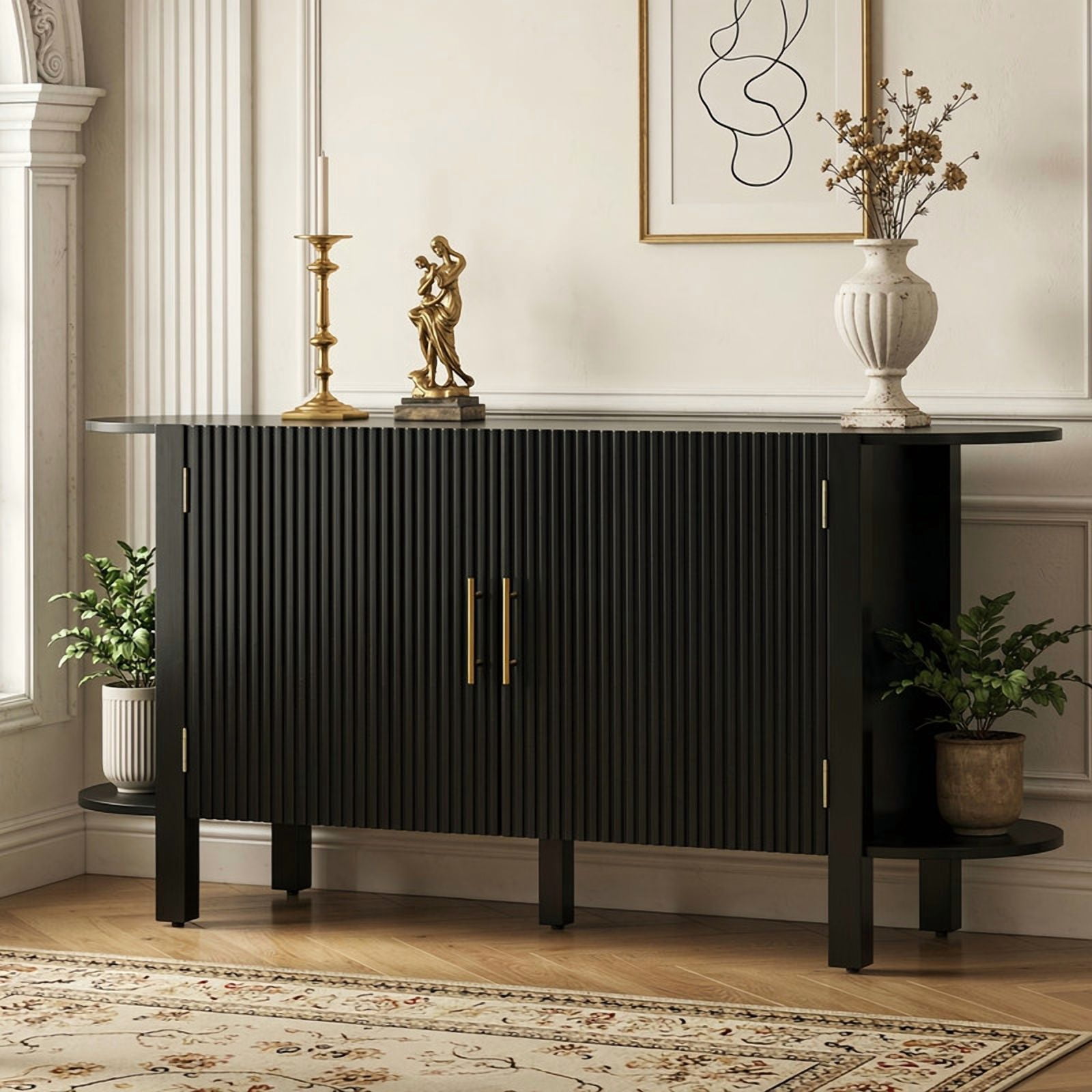 Accent Wavy Texture Buffet Table with Curved Extension Shelf, Mid-Century Modern Sideboard Storage Cabinet with Adjustable Shelf