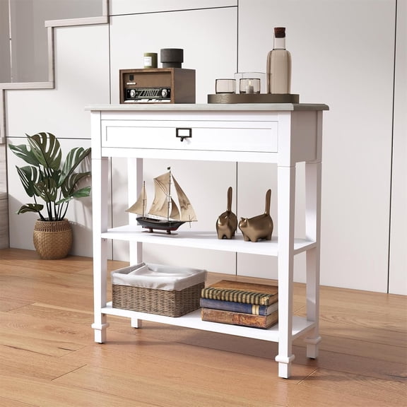 Accent White Console Table with Drawer and Shelf, Wood Sofa Table with Storage for Entryway Hallway Living Room