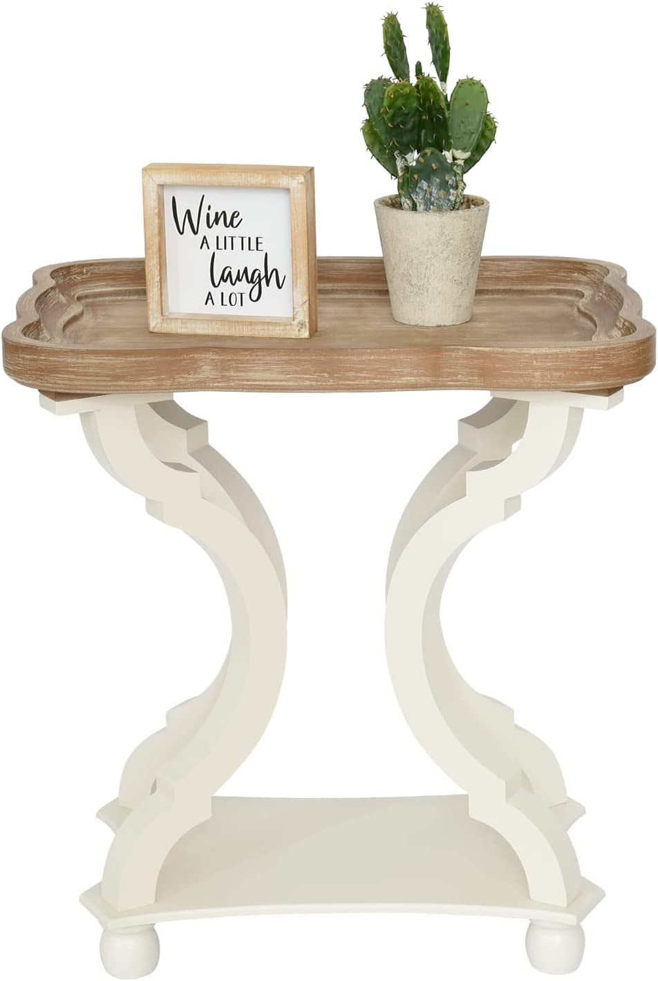 Natural Wood Farmhouse End Table with Distressed White Legs