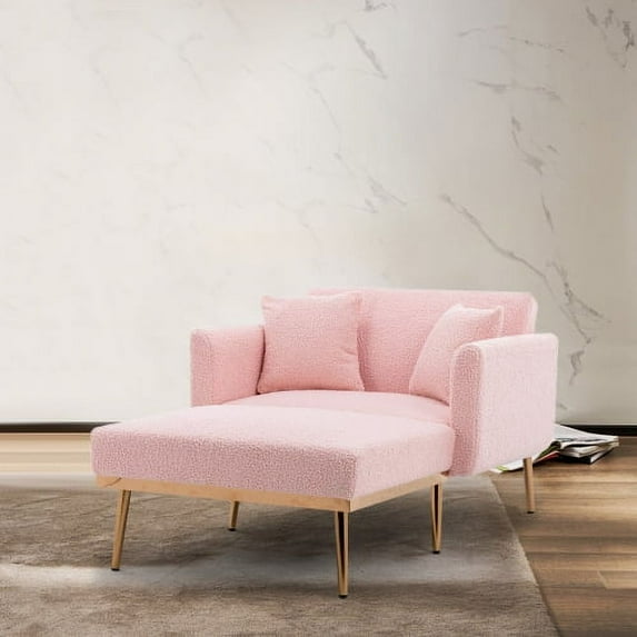 Accent chair,Modern Chaise Lounge Chair with Adjustable Backrest and Golden Metal Legs,Teddy Fabric Leisure Accent Chair for Bedroom Living Room Office, Pink Teddy