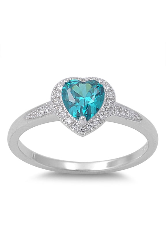 Accented Heart Center Blue Simulated Topaz Cubic Zirconia Ring Sterling Silver 925