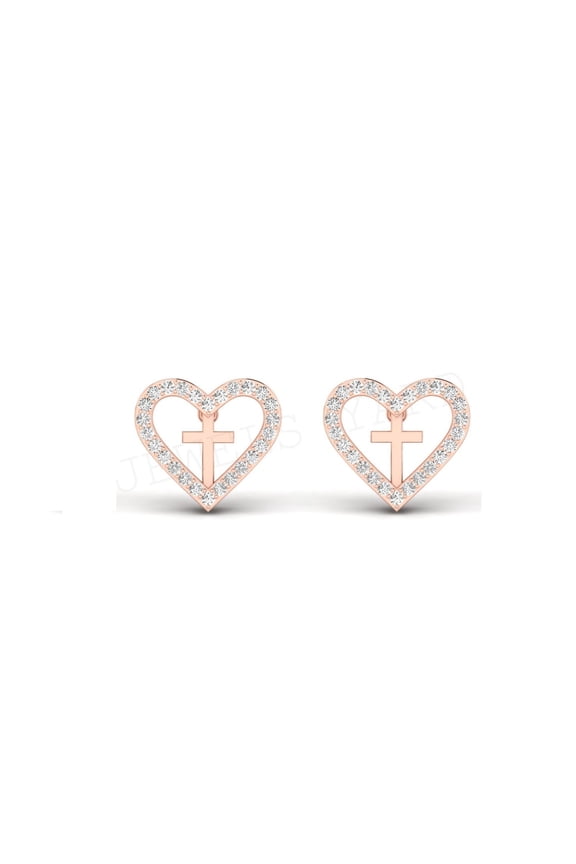 Accented With Heart Shape Stud Earrings for Women in 925 Sterling Silver With 14K Rose Gold Plated White Diamonds Open Heart & Cross Earrings For Women