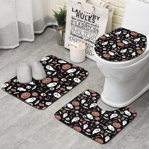 Accented Spooky Halloween Pattern Bathroom Rugs Sets 3 Piece,Toilet Cover Set,Absorbent Non Slip Bathroom Mats Sets with U-Shaped Contour Rug Toilet Rug Set
