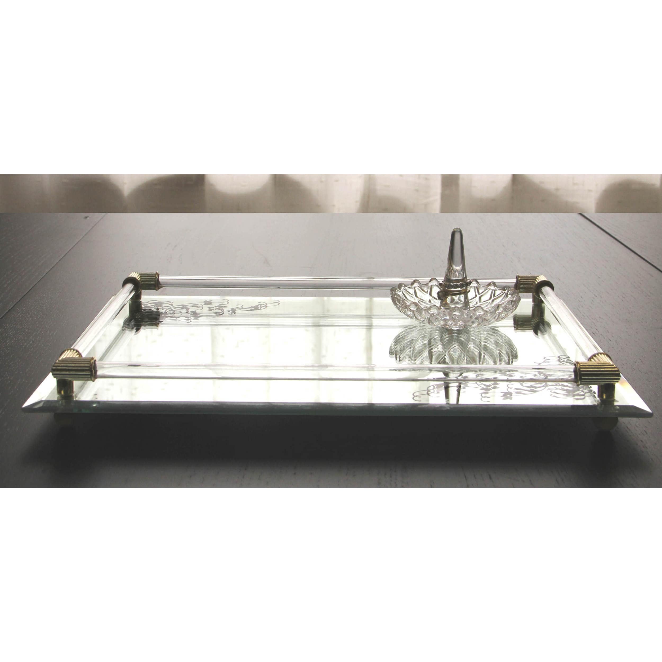 Elegant Glass Mirror Vanity Tray with Black and Gold Accents