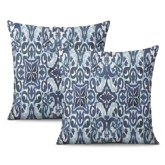 Accentuate Your Decor with Boho 18x18 Pillow Covers, Set of 2, Linen with Blue Carpet Design, Perfect Cushion for Sofa, Couch, Outdoor Farmhouse Style