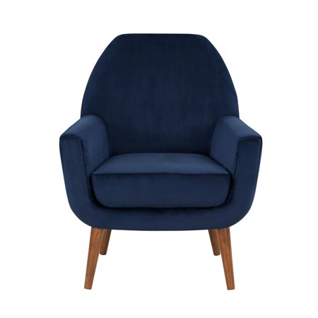Accera Mid-Century Navy Blue Velvet Arm Chair with Solid Wood Brown Legs
