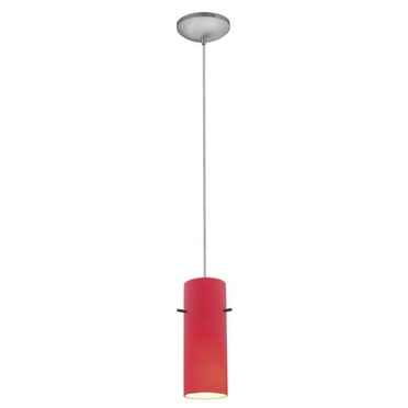 28030-3C-BS/RED-Access Lighting-Cylinder-1 Glass Pendant with Cord-4 Inches Wide by 10 Inches Tall-Brushed Steel Finish-Red Glass Color-LED Lamping