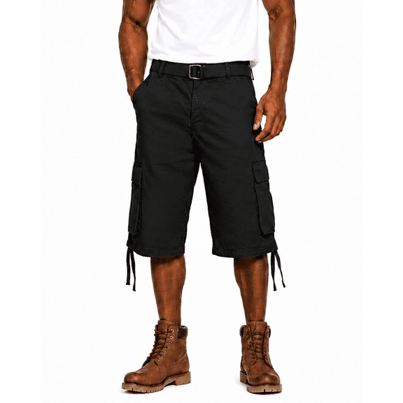 Access Men's Solid Color Cargo Shorts with Belt (Black,38)