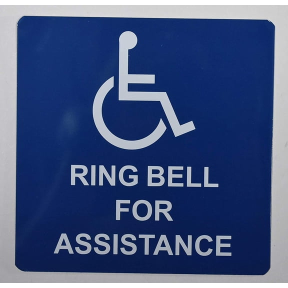 Access Ring Bell for Assistance Sign (White/Blue, Aluminum, 6x6, Double Sided Tape)-The Pour Tous Blue LINE(ref-2022-4)