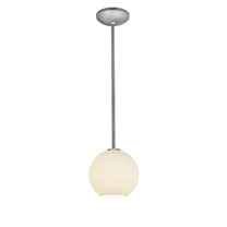 Access Lighting Japanese Lantern - E26 LED Rod Pendant - 8"W - Brushed Steel Finish - White Lined Glass Shade