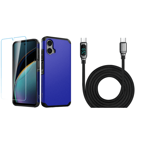 Accessories Bundle for Motorola Moto G 5G 2024: Dual Layer Tough Magnetic Shockproof Cover Case, Tempered Glass Screen Protector, Digital LED Display USB-C Cable - Cobalt Blue