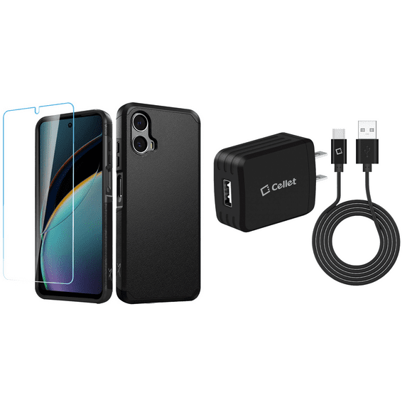Accessories Bundle for Motorola Moto G Power 5G 2024: Dual Layer Tough Magnetic Shockproof Cover Case, Tempered Glass Screen Protector, 10W Wall Charger, USB-C Cable - Black