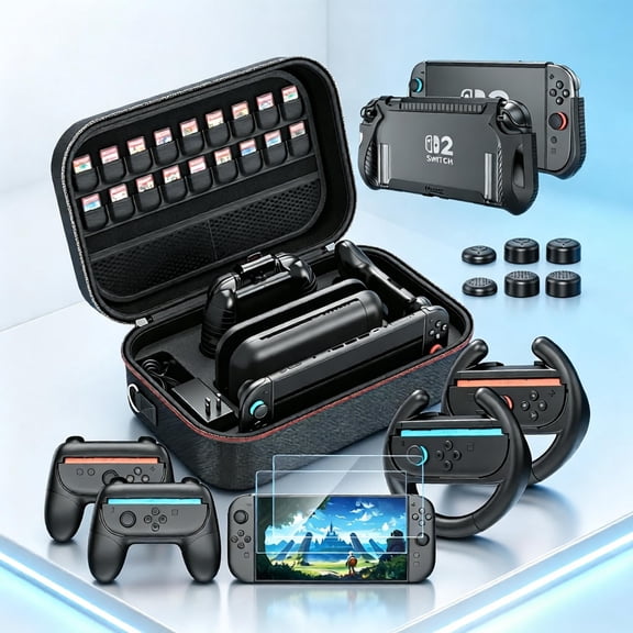 Nintendo Switch 2 Accessories Bundle with Portable Carrying Case, Game Card Slots, Dockable Protective Cover, Tempered Glass Screen Protector, Racing Steering Wheels & Joy‑Con Grips