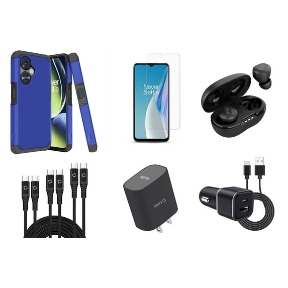 Accessories Bundle for OnePlus Nord N30 5G - Dual Hybrid Shockproof Magnetic Mount Case (Dark Blue) with Screen Protectors, Wireless Earbuds, Car Charger, Wall Charger, USB Cables (3ft, 6ft, 10ft)