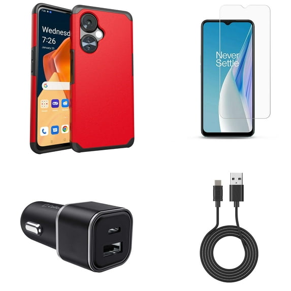 Accessories Bundle for OnePlus Nord N30 5G - Dual Hybrid Shockproof Magnetic Mount Case (Red) with Screen Protectors, 30W Dual (USB-C, USB-A) Car Charger, Type-C to USB Cable