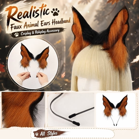 Accessories, Faux Fox Headband, Plush Animal Ears, Halloween Accessories, 11X8 in Furry Orange and Black Dress Up Prop for Anime, Themed Parties and Events