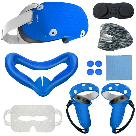 Accessories For Oculus Quest 2, 2023 Upgraded VR Silicone face Cover, Quest 2 Touch Controller Grip Cover, Protective Lens Cover, Disposable Eye Cover, Thumb Button Cap, Blue