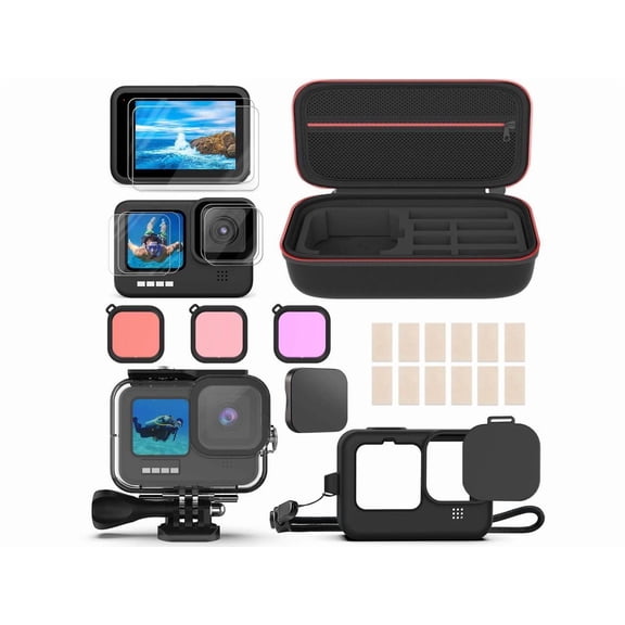 Accessories Kit for GoPro Hero 12 / Hero 10 / Hero 11 / Hero 9, Shockproof Small Carry Bag + Waterproof Housing Case + Tempered Glass Screen Protector + Silicone Cover + Snorkel Filter Bundle