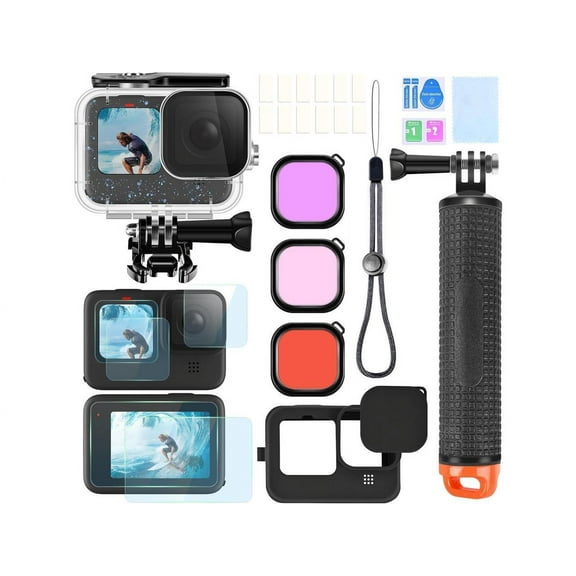Accessories Kit for Gopro Hero 12 11 10 9 Waterproof Housing Case Underwater Float Handle Silicone Sleeve Lens Cap Tempered Glass Screen Protectors Dive Filters Anti-Fog Inserts Bundle Set