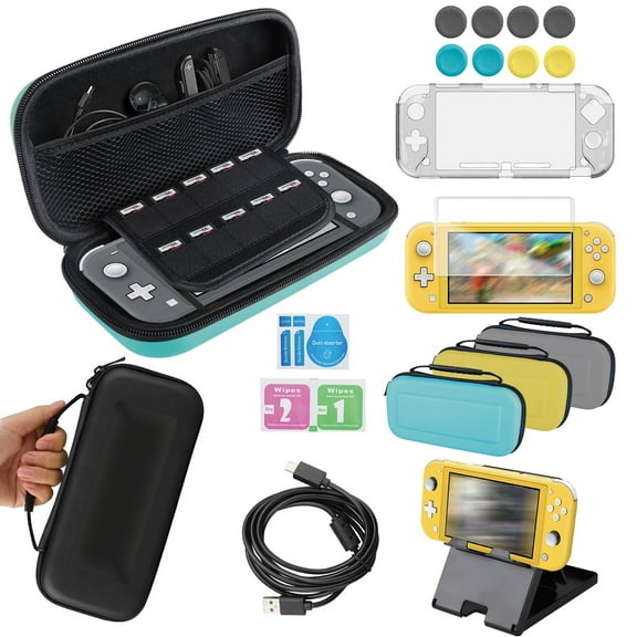 Accessories Kit for Nintendo Switch Lite, 7-in-1 Accessories Bundle with Carrying Case, Protective Cover Case, Tempered Glass Screen Protector, Adjustable Play Stand, Thumb Grips, Type C Cable