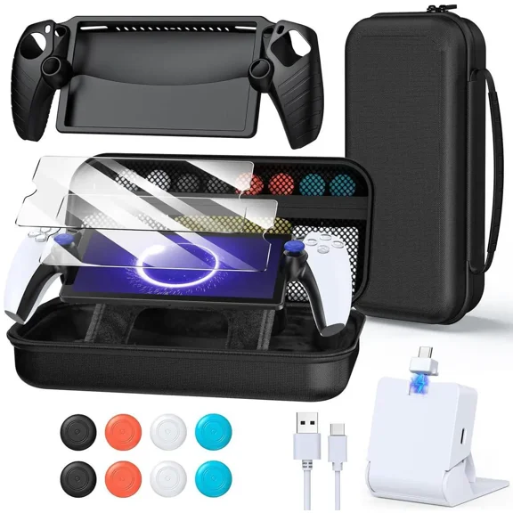 Accessories Kit for PlayStation Portal, Carrying Case Bundle and Magnetic Portable Charger for PS5 Portal with Protective Case, 2 Screen Protectors, 8 Thumb Grips