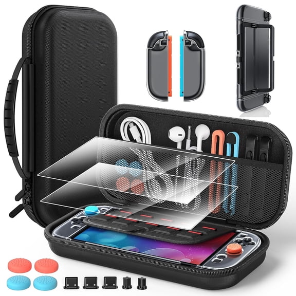 Accessories Kit for Switch 2 2025, Portable Hard Shell Slim Case with Switch 2 Crystals Cover kit, 2 HD Screen Protectors (7.9 Inch),Dust Plugs Kit, 4 Thumb Grips  Switch 2 Accessories Bundle