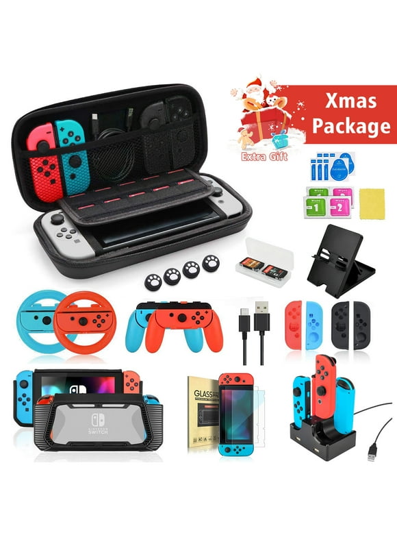 Accessories Kit for Nintendo Switch Games Bundle Wheel Grip Caps Carrying Case Screen Protector Controller Charger (23 In 1)