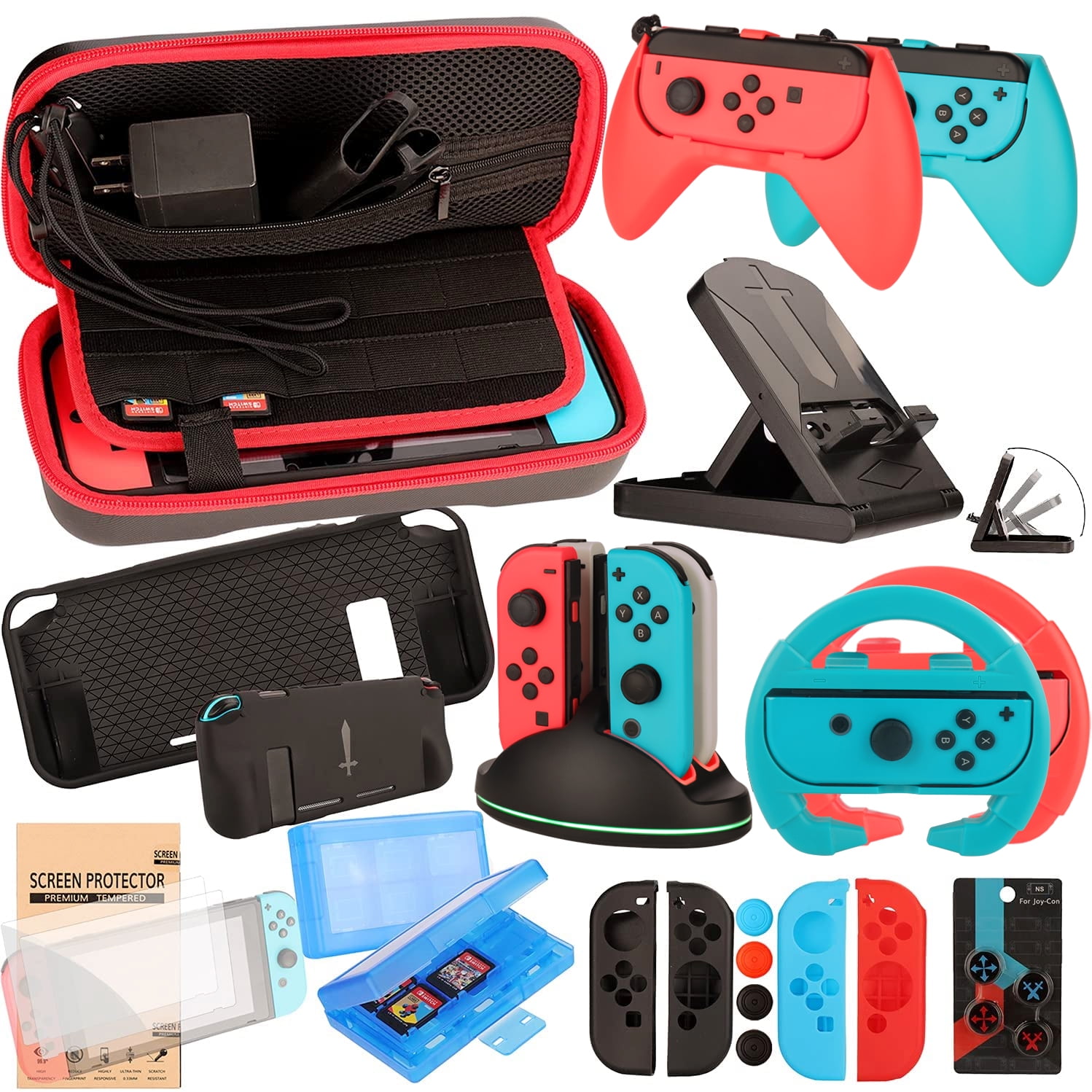 EOVOLA Accessories Kit for Nintendo Switch / Switch OLED Model Games Bundle  Wheel Grip Caps Carrying Case Screen Protector Controller