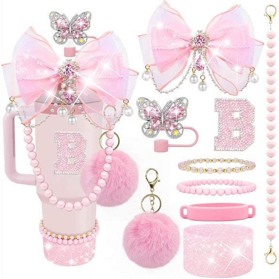 Accessories Set for Stanley Cup,Letter Stickers Bling Straw Topper for 40/30/20 oz Tumbler: Bow Charms, Butterfly Cap, Pearl Strap, Silicone Boot, Accessories for Stanley Quencher H2.0