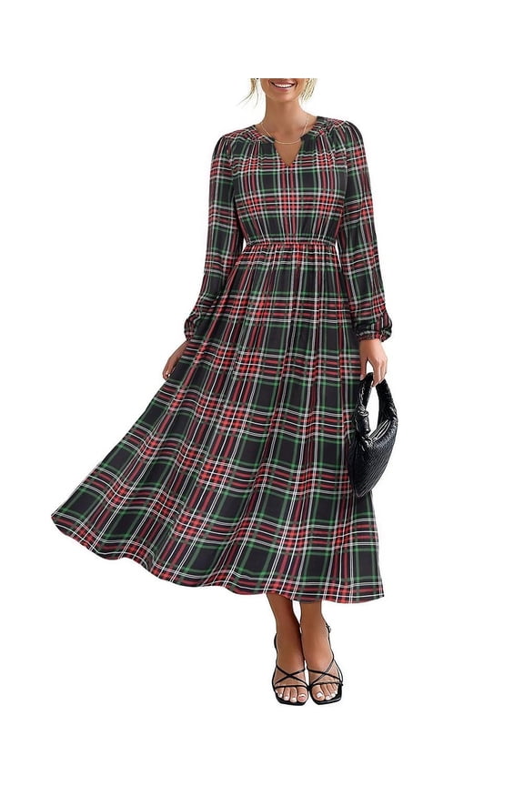 Plus Size Dress for Curvy Women 3x Long Sleeve Fall Maxi Dress V Neck Red Plaid Dresses Church Wedding Guest Flowy Spring Fall Christmas Dresses with Pockets 3XL 22W 24W