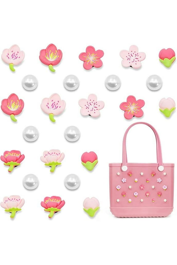 Accessories for Bogg Bag, Pink Flowers and Pearls Decoration for Bogg Bag Charms, Compatible with Women Rubber Beach Bag Tote Handbag, 24 Pcs